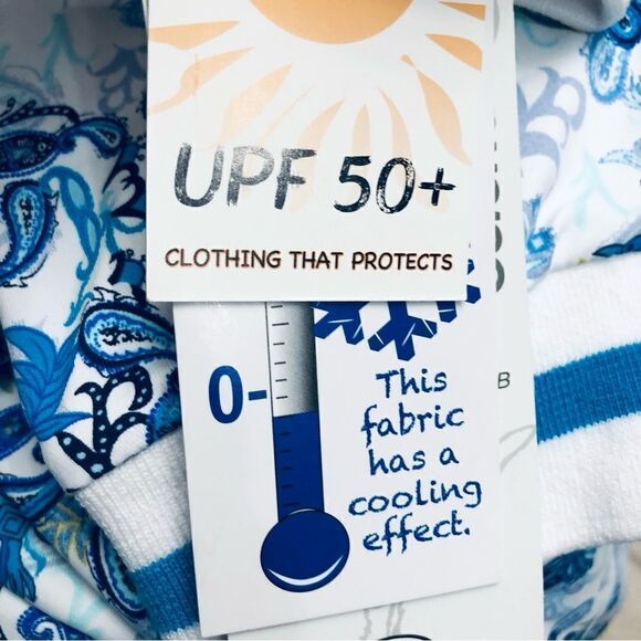 NEW Lulu-B UPF 50 Blue White Geometric Parsley Print Smooth Full Zip Jacket - Picture 12 of 13